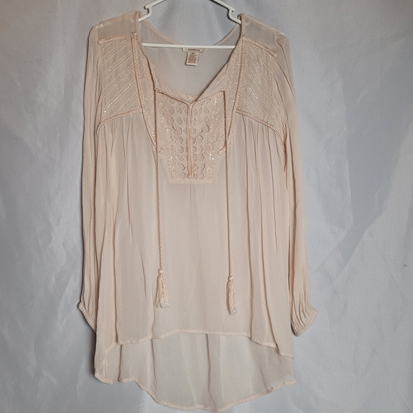 Sundance Long Sleeve Semi Sheer Nude/Cream Peasant Boho Blouse W/ Tassels Sz M - Picture 1 of 10